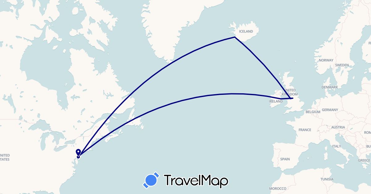 TravelMap itinerary: driving in United Kingdom, Ireland, Iceland, United States (Europe, North America)